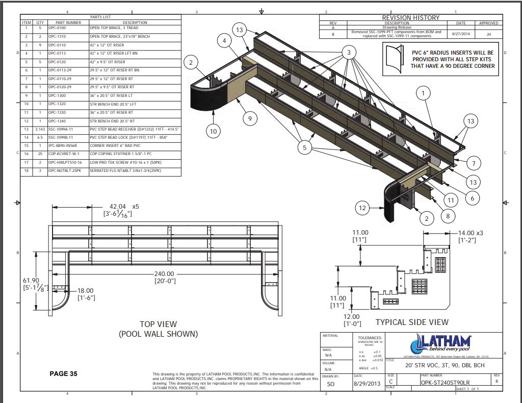 20' Straight Step Polymer 90 Deg. 3-Tread 6" Radius w/ Double Bench
